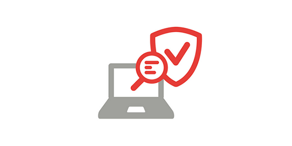 IT security audit symbol with laptop, magnifying glass and check mark sign for cyber security audits