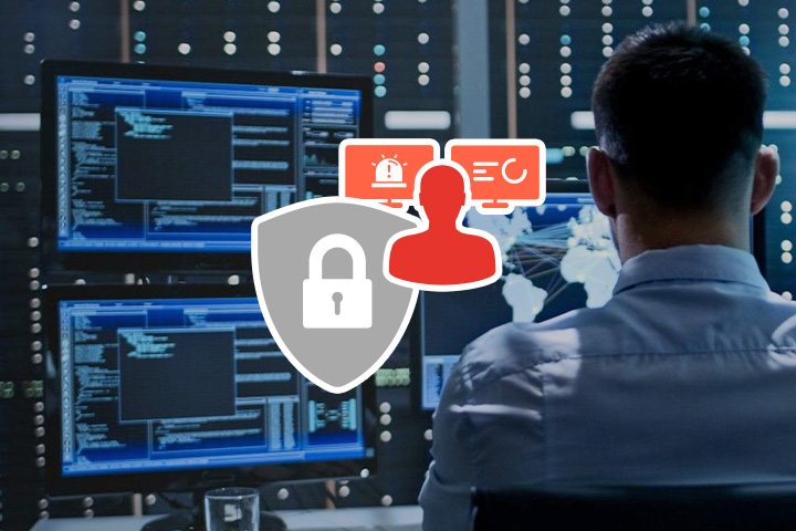 A security analyst at the Cyber Security Operations Center monitors IT systems on multiple screens, focusing on threat detection, data protection, and real-time security analysis in Switzerland.