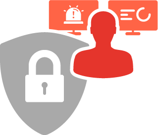 Icon graphic for Cyber Security Operations Center with user, security lock and analysis monitors as a symbol for real-time monitoring and IT security management in Switzerland.