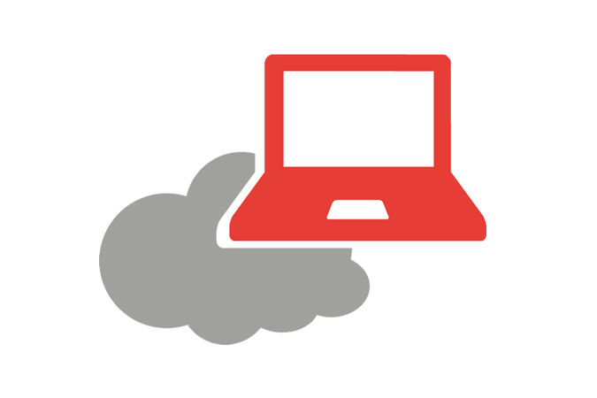 Cloud laptop icon - red laptop over a gray cloud as a symbol for the digital workplace and cloud computing