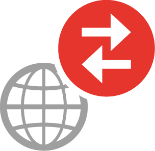 Data transmission icon with globe and arrows - Internet connection icon in red-grey