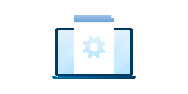 Graphic shows laptop from which a document protrudes with a cogwheel, symbolizing individual document creation