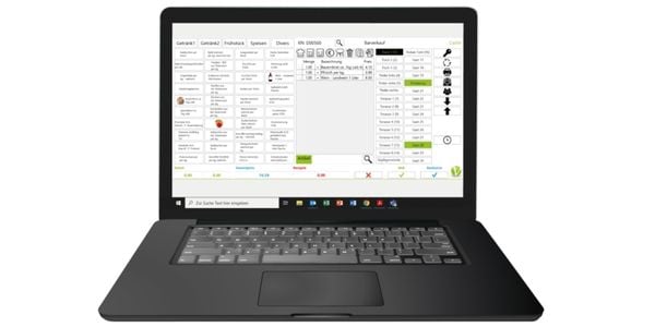 A cash register system can be seen on a laptop.