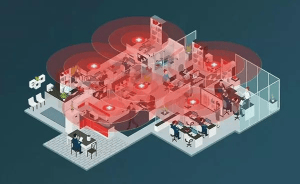 WLAN coverage in a modern office with several access points and radio cells marked in red