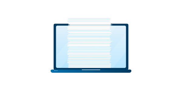 Graphic shows laptop with a stack of documents protruding from it; symbolizes simple mass processing of documents
