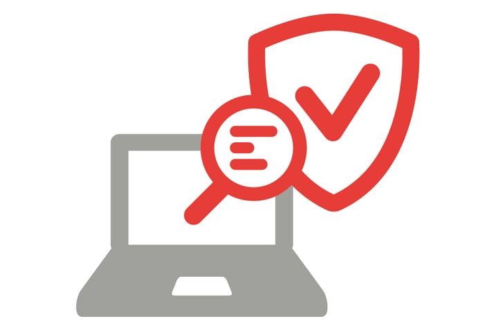 IT security audit symbol with laptop, magnifying glass and check mark sign for cyber security audits