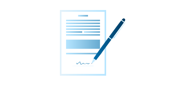 Graphic shows document being signed by a ballpoint pen