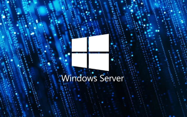 Windows Server logo on digital background with blue light points for IT infrastructure and server solutions