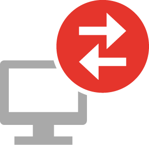 Remote desktop icon - data transfer with screen and arrows in red and white icon style
